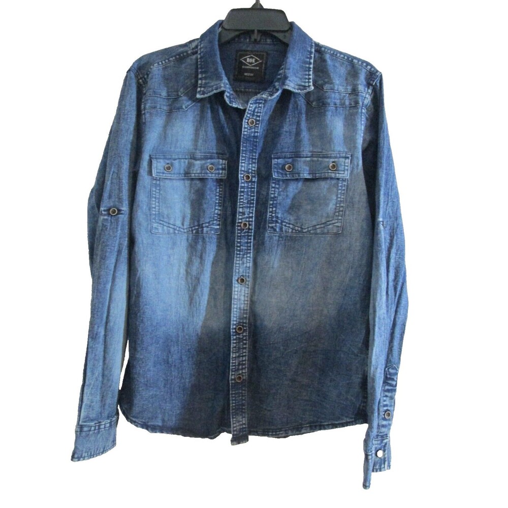 Rok Premium Quality Shirt  Button Front Blue Denim Mens Size Medium Long Sleeve
